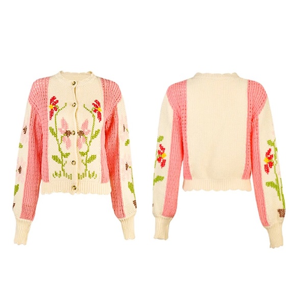 Sweater cardigan crochet knit floral cream pink womens top - Picture 5 of 10